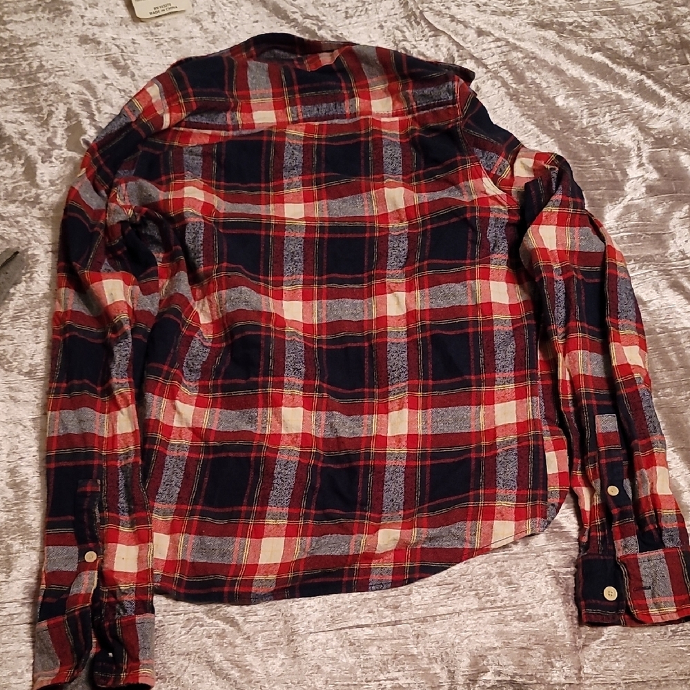 Hollister Men's Large Long Sleeve Navy and Red Checkered Shirt - Picture 6 of 7